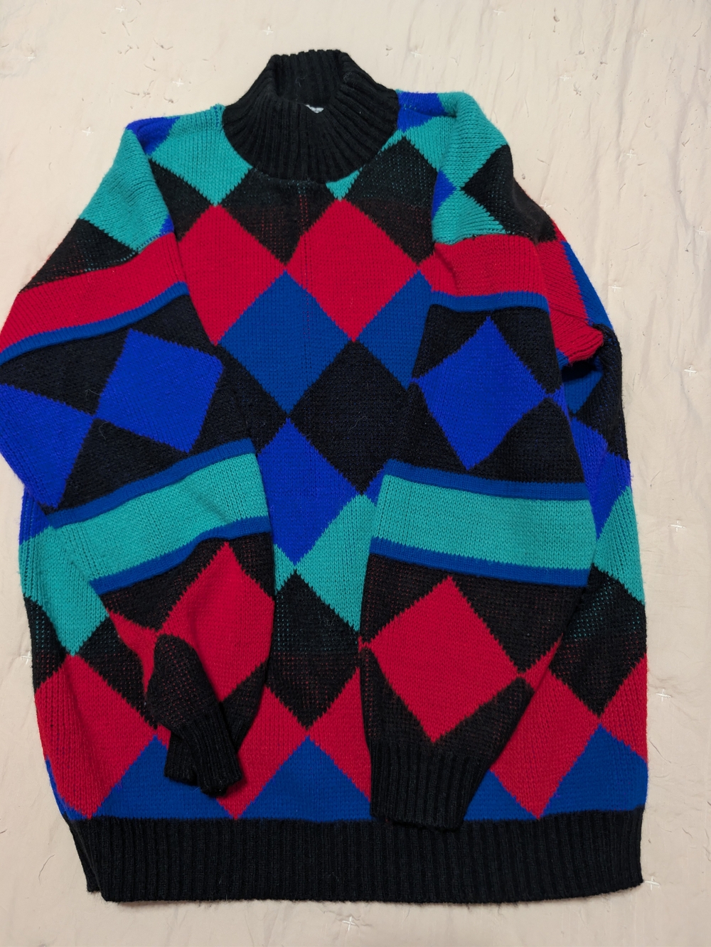 VTG 80s Adele Knitwear Argyle Diamond Geometric Mock Neck Sweater USA Made